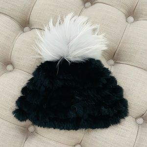 Black rabbit fur beanie with gray silver fox pom